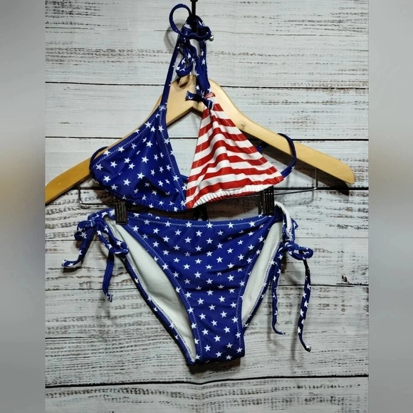 Americana String Bikini‎ Swimwear Set Stars Stripes Red Blue size Small UPF50 - Picture 6 of 6